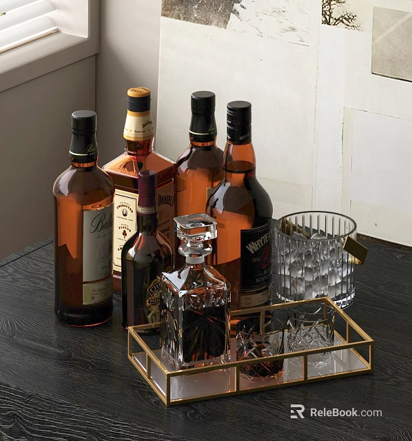 Assorted Whiskey Bottles And Crystal Rock Glasses On Brass Tray Dark Wooden Table 3d model 