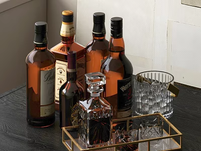 Assorted Whiskey Bottles And Crystal Rock Glasses On Brass Tray Dark Wooden Table 3d model