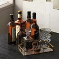 Assorted Whiskey Bottles And Crystal Rock Glasses On Brass Tray Dark Wooden Table