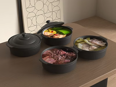 Three Black Casserole Pots With Various Foods Inside On Wooden Countertop 3d model