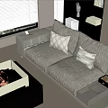 Modern Two Seater Sofa With Decorative Cushions And Fire Pit Coffee Table In Living Room