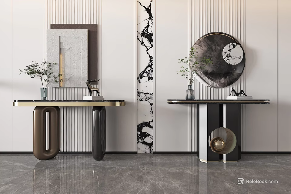 Modern Console Table Interior With Marble Wall Art Round Mirror And Vase Decor 3d model 