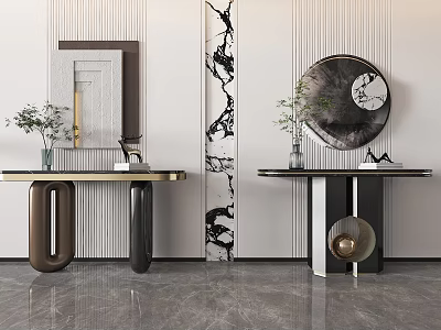 Modern Console Table Interior With Marble Wall Art Round Mirror And Vase Decor 3d model