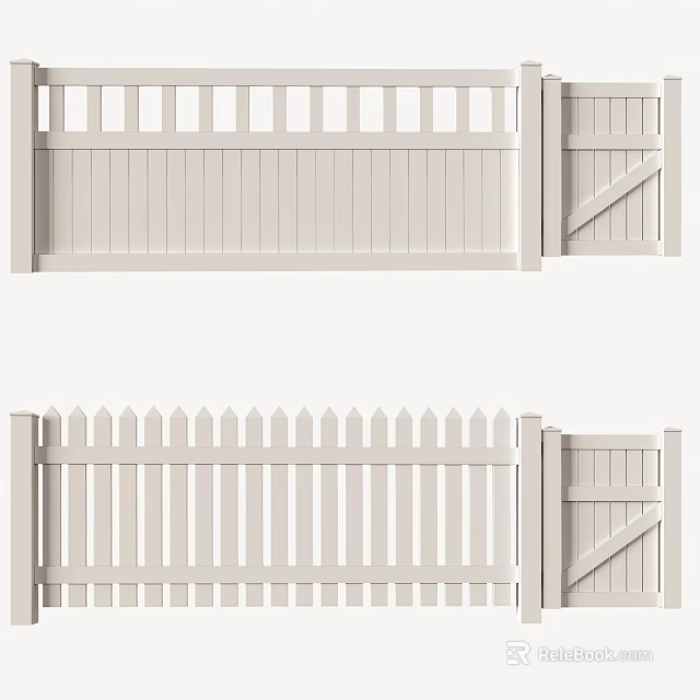 White Wooden Fence With Panel And Picket Styles Featuring Gate Design 3d model 