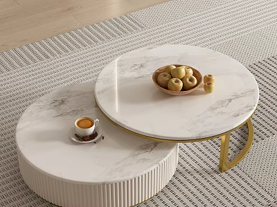 Round Marble Coffee Tables with Golden Legs Wooden Bowl Apples and Coffee Cup 3d model