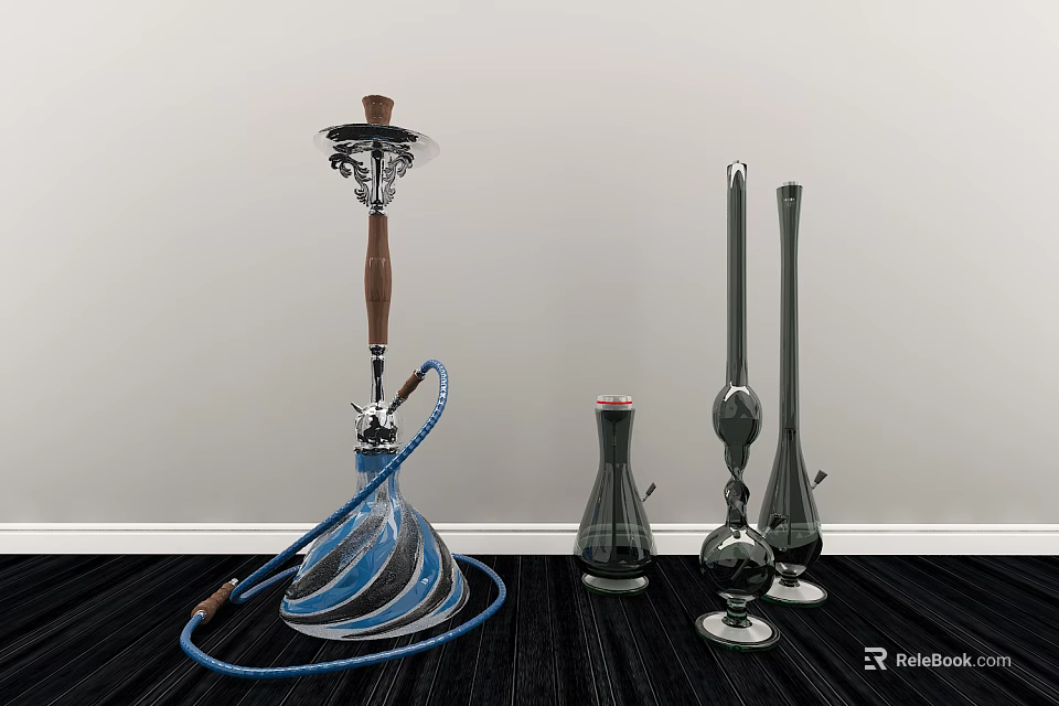 Elegant Decorative Ornament Set with Glass Hookah and Vases on Dark Carpet White Wall 3d model 