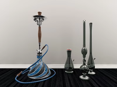 Elegant Decorative Ornament Set with Glass Hookah and Vases on Dark Carpet White Wall 3d model
