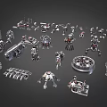 Various Silver Metal Mechanical Parts Scattered on Black Background Display Collection 3d model