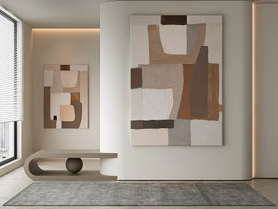 Modern Abstract Paintings With Geometric Shapes On Wall In Neutral Tones For Interior Decor 3d model
