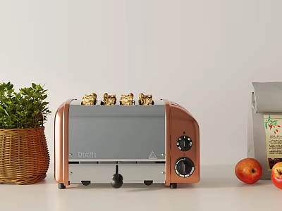 Copper Toaster Kitchen Appliance With Green Plant Apples And Bread Bag 3d model