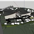 Modern Curved Roof Building With Wooden Glass Structure And Greenery Flower Beds
