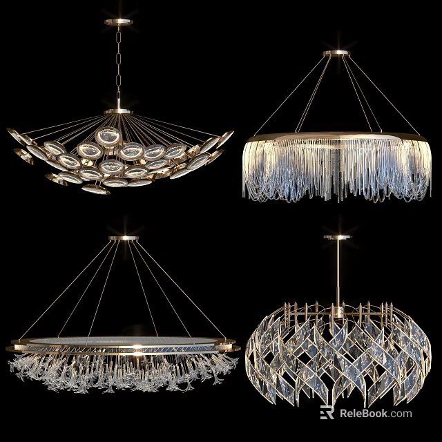 Luxurious Modern Chandeliers With Crystal Fringes And Geometric Metal Designs For Interior Decor 3d model 