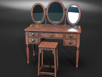 Wooden Jewelry Cabinet With Three Oval Mirrors Drawers And Matching Stool 3d model
