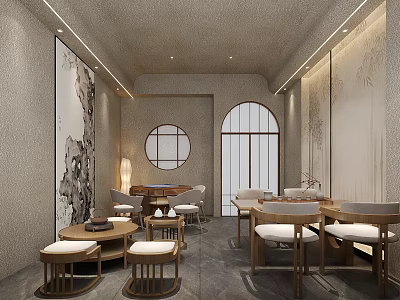 Traditional Chinese Private Room Interior With Round Window Wooden Tables And Decorative Paintings 3d model