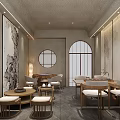 Traditional Chinese Private Room Interior With Round Window Wooden Tables And Decorative Paintings