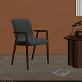 Light Gray Fabric Leisure Chair With Wooden Armrests And Round Side Table Near Orange Wall