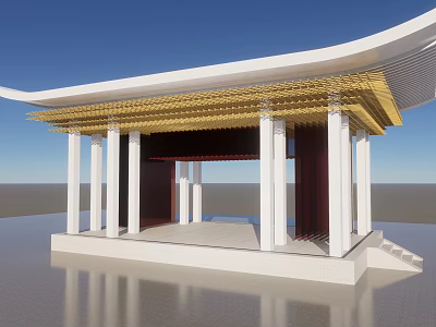 Modern Garden Pavilion With Curved Golden Lattice Roof And White Pillars Design 3d model