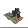 Black Ceramic Cups With Face Design Coffee Beans Small Jars And Book On Wooden Tray