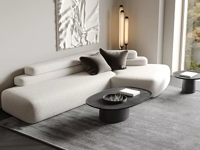 Modern Minimalist Curved Boucle Sectional Sofa And Black Coffee Table Set For Stylish Living Room 3d model