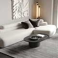 Modern Minimalist Curved Boucle Sectional Sofa And Black Coffee Table Set For Stylish Living Room