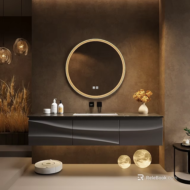 Modern Bathroom Cabinet With Round Gold Frame Mirror And Decorative Pendant Lights 3d model 
