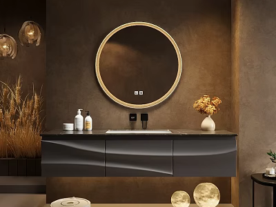 Modern Bathroom Cabinet With Round Gold Frame Mirror And Decorative Pendant Lights 3d model