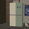 Green And White Double Door Refrigerator In Modern Kitchen Interior With Cat And Hanging Bag