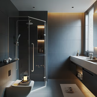 Sleek Modern Bathroom Interior With Glass Shower Enclosure Gray Tiled Walls Vanity And Recessed Lighting 3d model