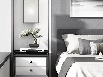 Modern Black And White Bedside Table With Drawers And White Flowering Tree Decoration 3d model