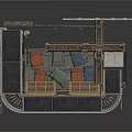 Industrial Equipment Platform with Metal Railings Crates and Lighting Fixtures