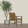 Stylish Leisure Chair With Wooden Frame Leather Seat And Green Plant In Concrete Planter