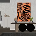 Modern Interior With Abstract Zebra Pattern Painting Wooden Table And Decorative Elements 3d model