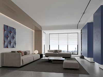 Modern Living Room With Sofa Coffee Table Decorative Art Large Windows Blinds And Blue Cabinets 3d model