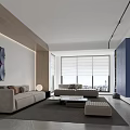 Modern Living Room With Sofa Coffee Table Decorative Art Large Windows Blinds And Blue Cabinets
