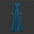 Elegant Blue Long Sleeve Dress with Yellow Cuffs and Flowing Silhouette