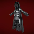 Black Hooded Robe With Straps Decorative Details And Tattered Hem On Red Background