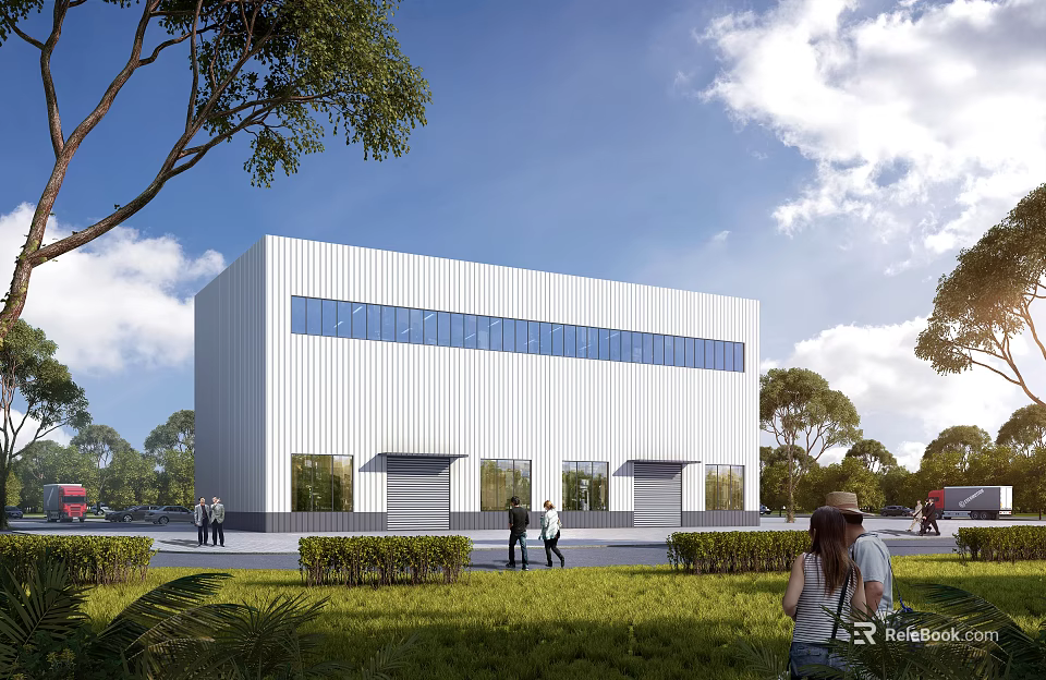 Modern Industrial Factory Building Exterior With White Facade Large Windows And Green Landscaping 3d model 