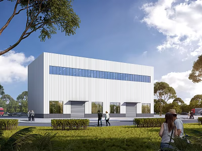 Modern Industrial Factory Building Exterior With White Facade Large Windows And Green Landscaping 3d model