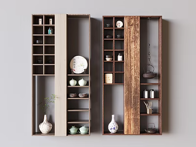 Wooden Curio Shelf With Multi Layer Compartments Displaying Vases Plates And Tea Sets 3d model