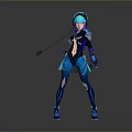 Blue Black Cyberpunk Female Character With Tech Gear And Futuristic Outfit Design
