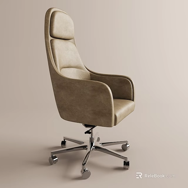 Beige Leather Office Chair With High Back Wide Armrests And Chrome Swivel Base 3d model 
