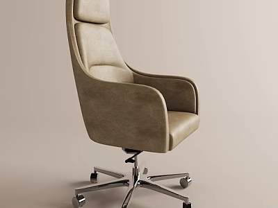 Beige Leather Office Chair With High Back Wide Armrests And Chrome Swivel Base 3d model
