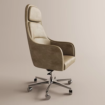 Beige Leather Office Chair With High Back Wide Armrests And Chrome Swivel Base 3d model