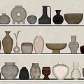 Decorative Ornament Set With Ceramic Vases Jars Bowls Various Shapes Colors Displayed On Layered Shelves