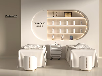 Modern SPA Beauty Treatment Room With Massage Beds And Curved Skincare Shelves 3d model