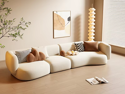 Beige Curved Three-Seater Sofa With Textured Cushions Abstract Painting And Spiral Floor Lamp 3d model