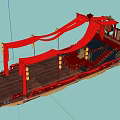 Traditional Wooden Boat With Red Fabrics Lanterns And Stairs Floating On Night Sea With Reflections