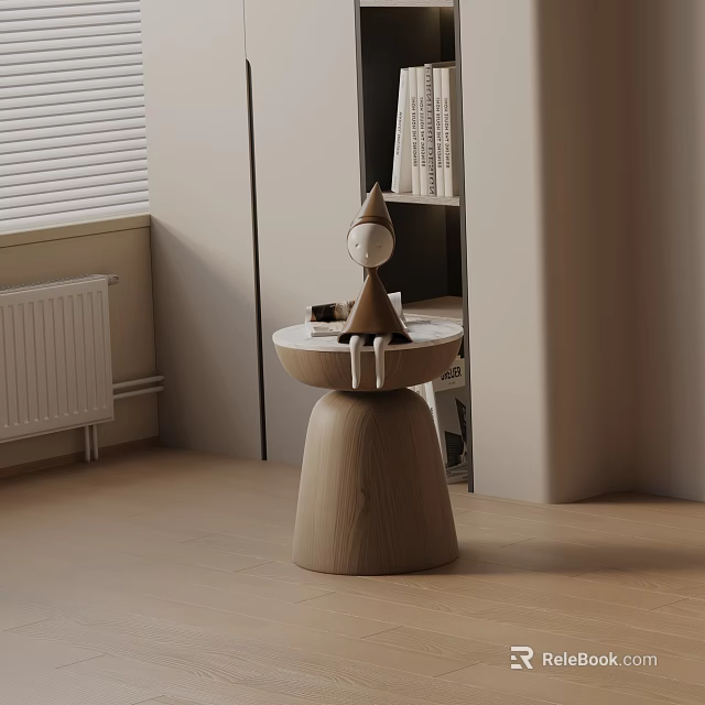 Minimalist Wooden Bedside Table With Small Figurine Books And Adjacent Bookshelf Near Window Blinds 3d model 