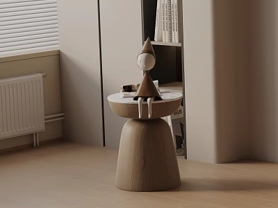 Minimalist Wooden Bedside Table With Small Figurine Books And Adjacent Bookshelf Near Window Blinds 3d model