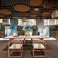 Elegant Teahouse Interior Featuring Wooden Tables Bamboo Lanterns Screens Tea Sets And Mountain Views